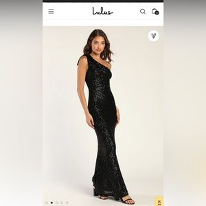Lulu’s Effortless Sparkle Black Sequin One-Shoulder Mermaid Maxi Dress sz XL